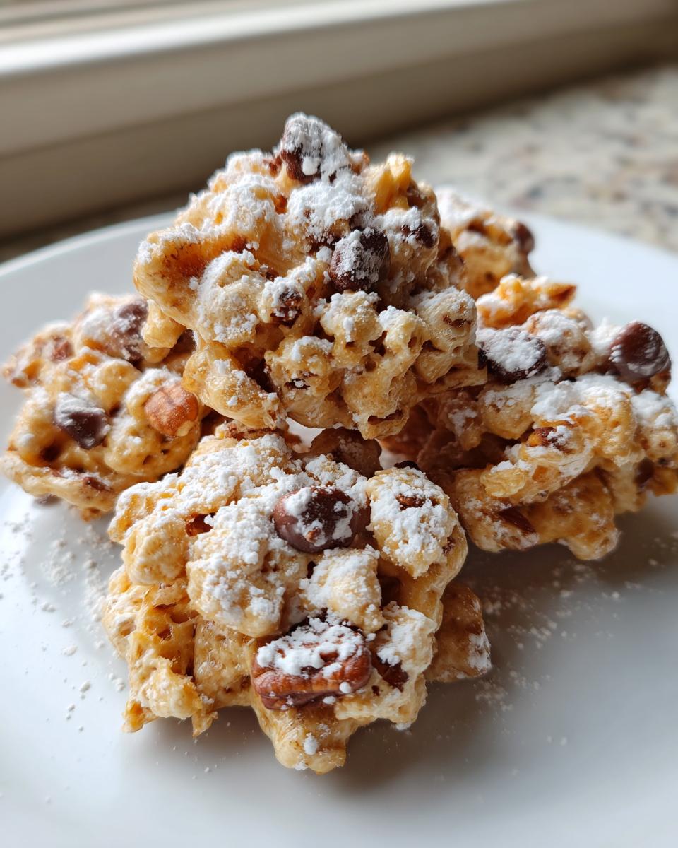 Close-up of sweet, clustered pieces of toffee chex mix recipe dusted heavily with powdered sugar.