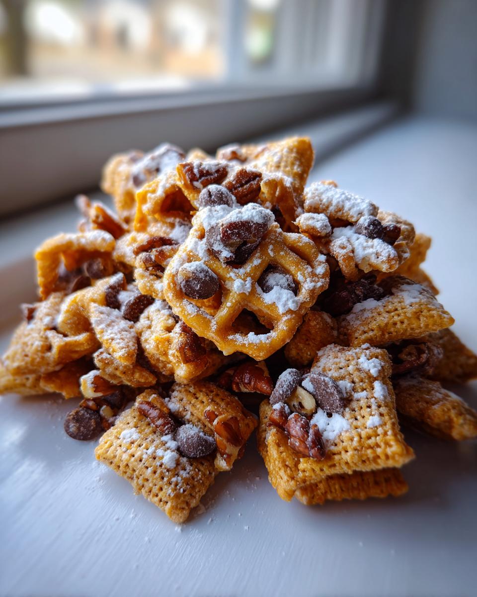 A pile of homemade toffee chex mix recipe pieces, including Chex cereal and pretzels, topped with chocolate chips, nuts, and powdered sugar.
