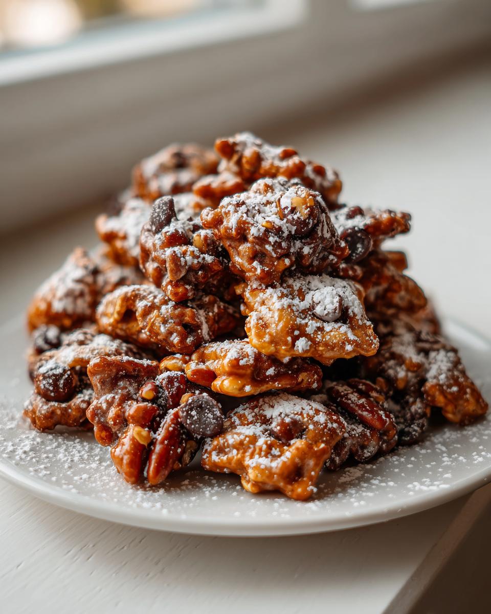A mound of sticky, glazed toffee chex mix recipe pieces dusted with powdered sugar on a white plate.