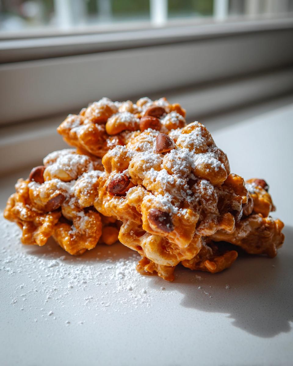A mound of golden brown toffee chex mix recipe pieces dusted heavily with white powdered sugar, sitting near a window.