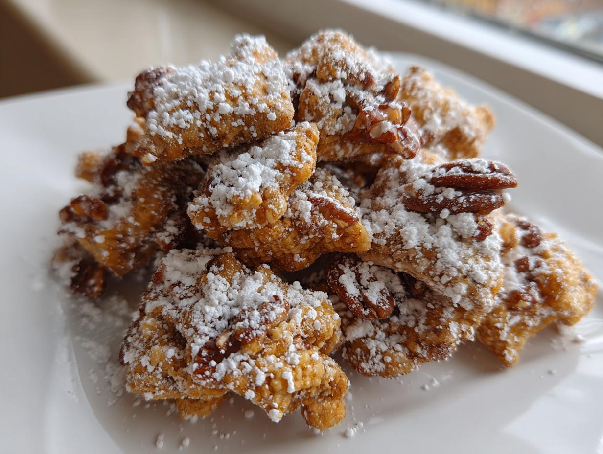 A pile of homemade toffee chex mix pieces coated in powdered sugar and pecans on a white plate.