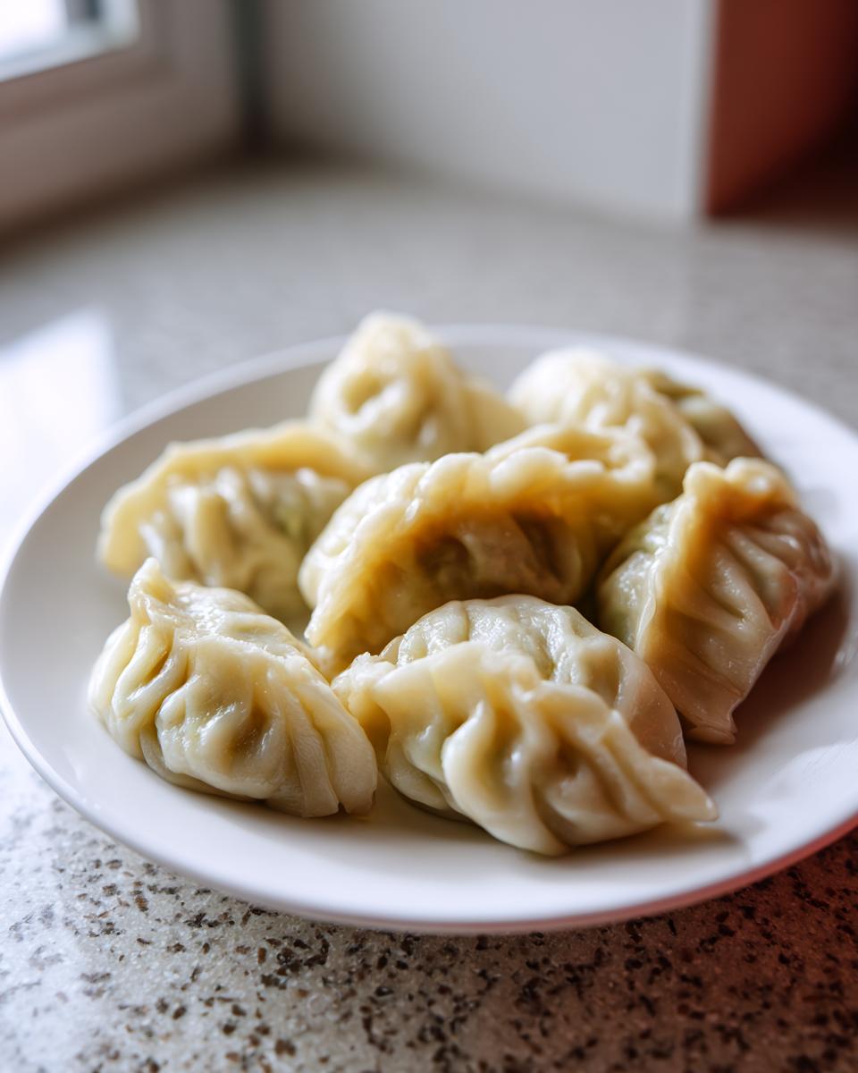 A close-up of several freshly steamed Traditional Chinese Dumplings arranged on a white plate.