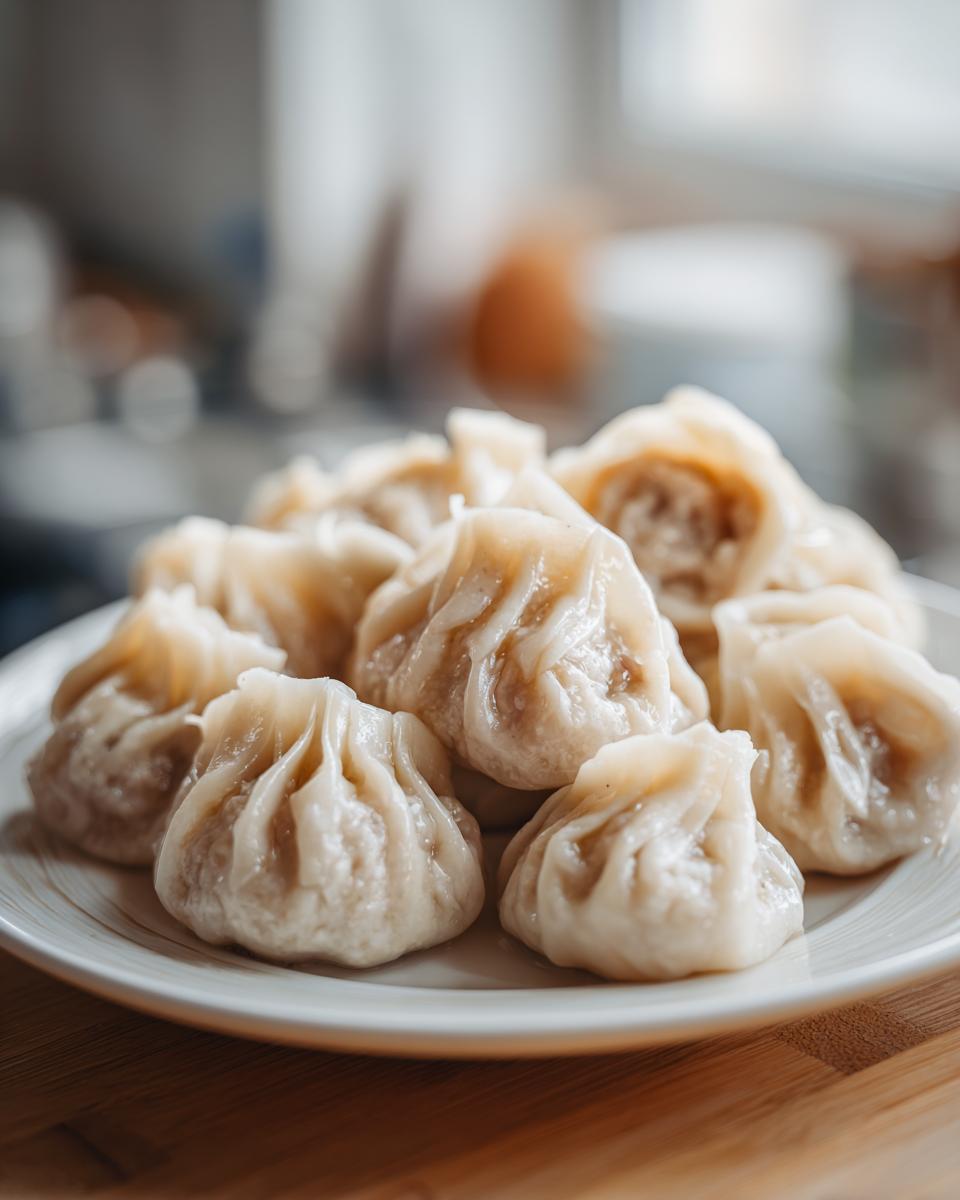 A close-up of a plate piled high with freshly steamed Traditional Chinese Dumplings, showing their delicate pleated wrappers.