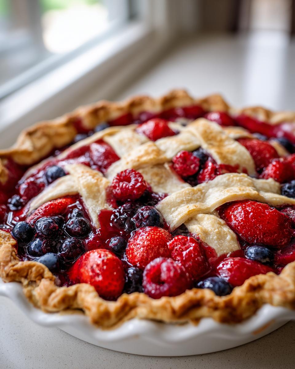 Close-up of a freshly baked triple berry pie featuring strawberries, blueberries, and raspberries under a golden lattice crust.