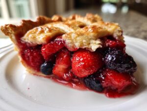 Close-up of a juicy slice of triple berry pie showing strawberries, blueberries, and a flaky golden crust.