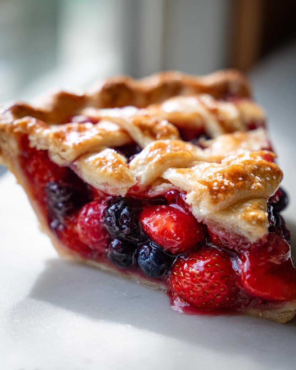 Close-up of a juicy slice of triple berry pie featuring strawberries, blueberries, and raspberries under a golden lattice crust.