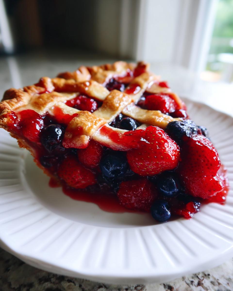 A juicy slice of triple berry pie featuring strawberries and blueberries under a golden lattice crust.