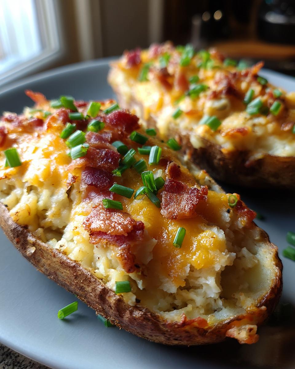 Two delicious twice-baked potatoes loaded with melted cheddar cheese, bacon bits, and fresh chives on a gray plate.