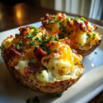 Two perfectly baked twice-baked potatoes stuffed with creamy filling, melted cheddar cheese, bacon bits, and chives.
