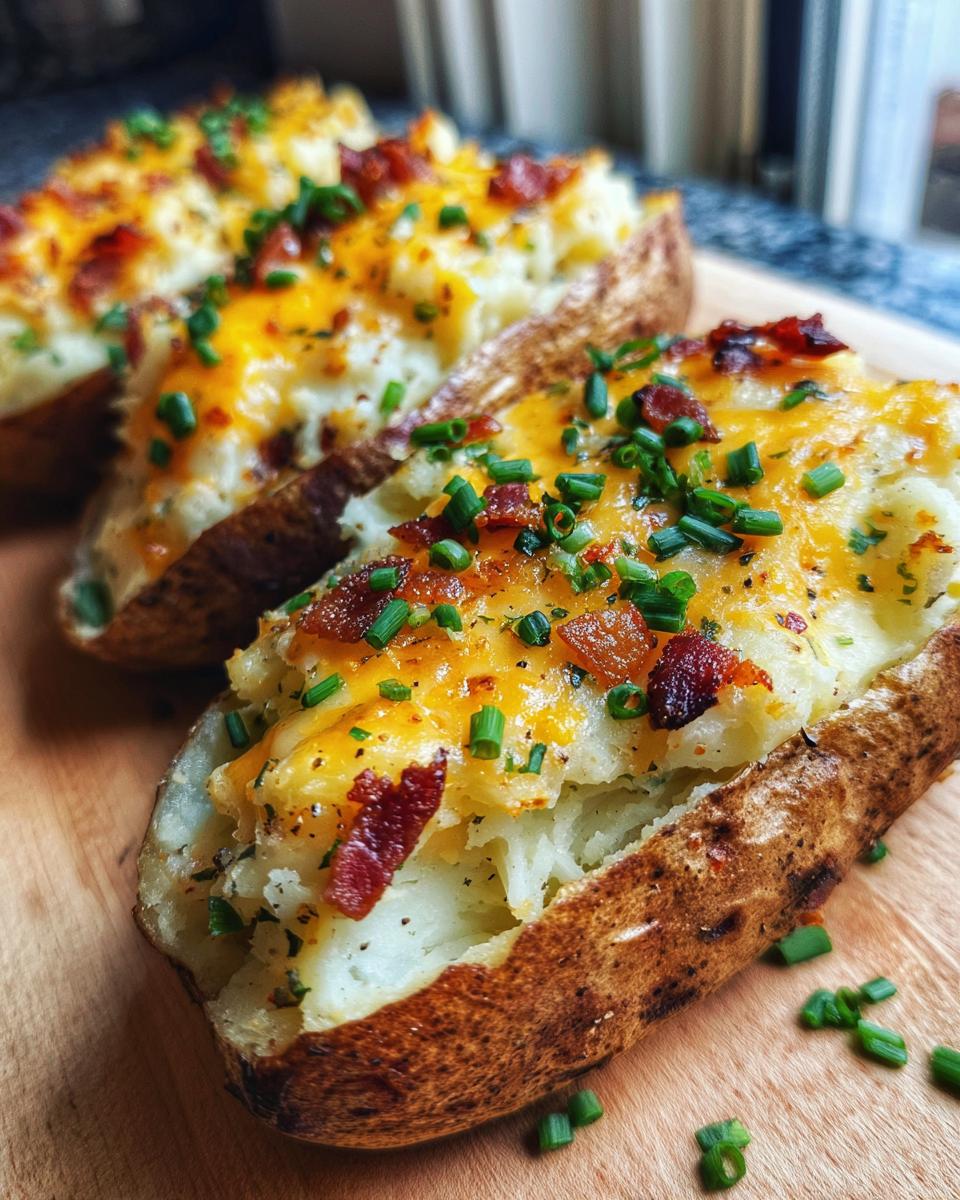 A close-up view of delicious twice-baked potatoes stuffed with creamy filling, topped with melted cheddar cheese, bacon bits, and fresh chives.
