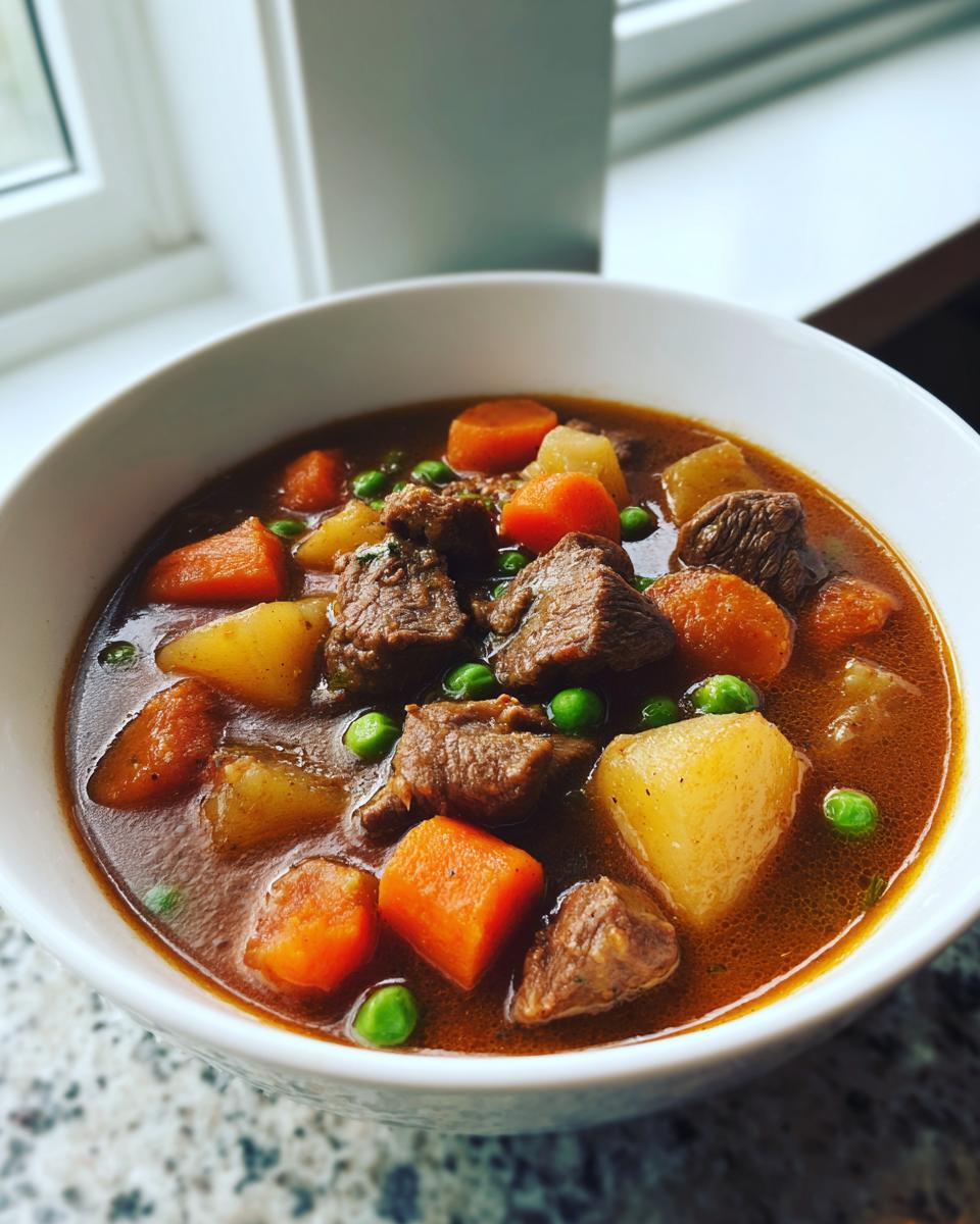 Close-up of a white bowl filled with rich vegetable beef soup featuring chunks of beef, potatoes, carrots, and green peas.