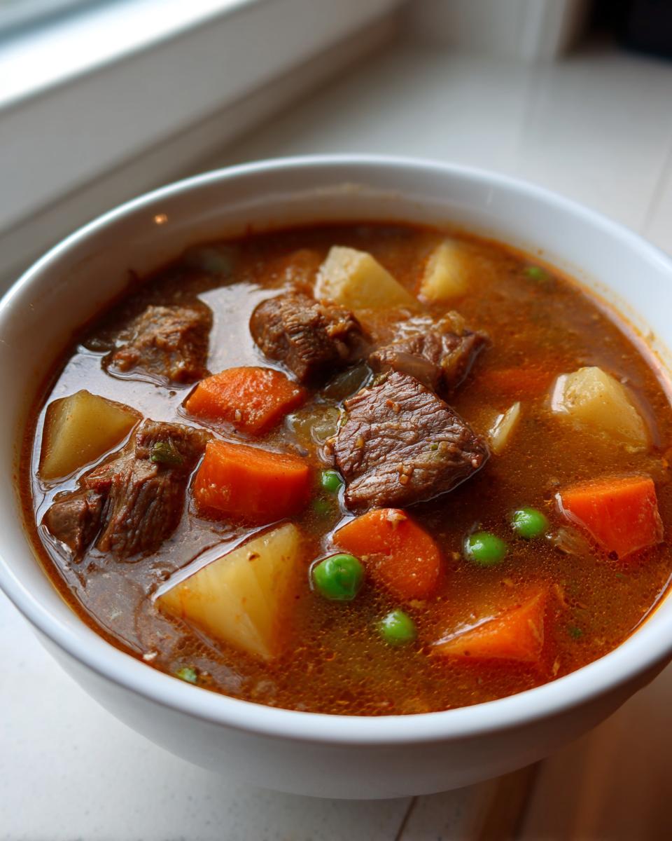 Close-up of a white bowl filled with rich, savory vegetable beef soup featuring chunks of beef, potatoes, carrots, and peas.