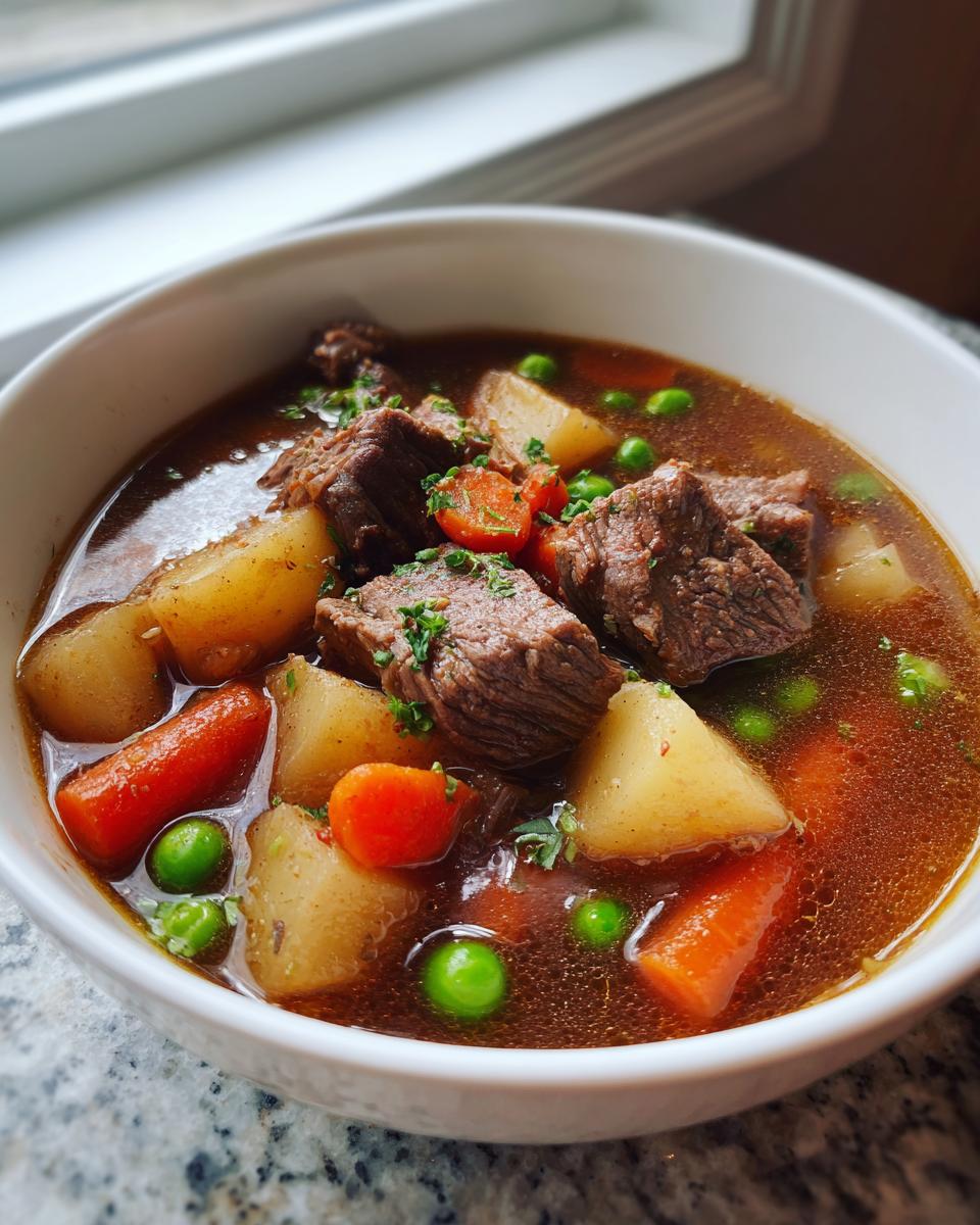 Close-up of a rich, dark broth vegetable beef soup featuring large chunks of beef, potatoes, carrots, and peas.