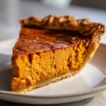 A close-up, appetizing slice of rich, orange sweet potato pie with a flaky crust on a white plate.