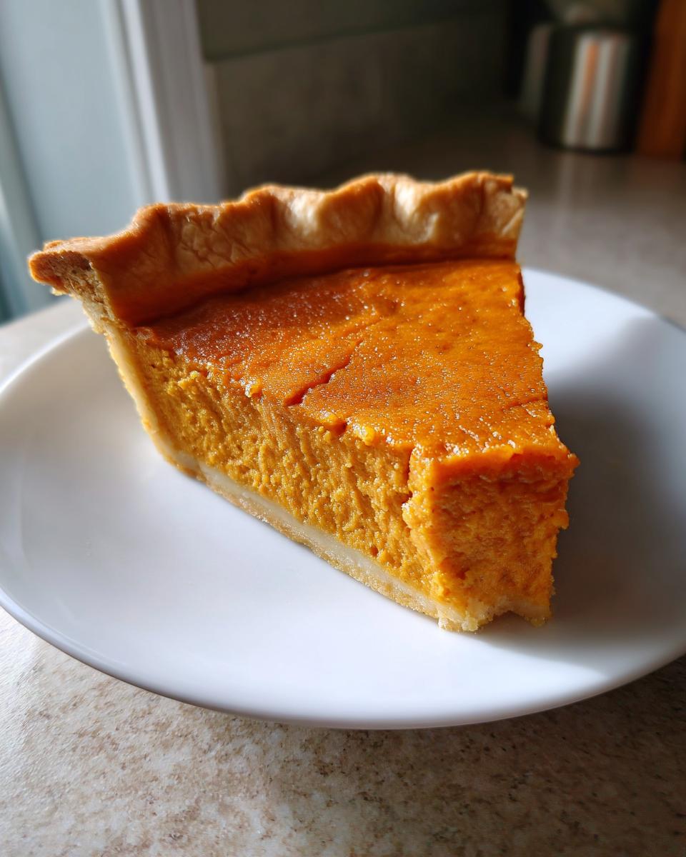 A close-up slice of bright orange, velvety sweet potato pie with a flaky crust on a white plate.