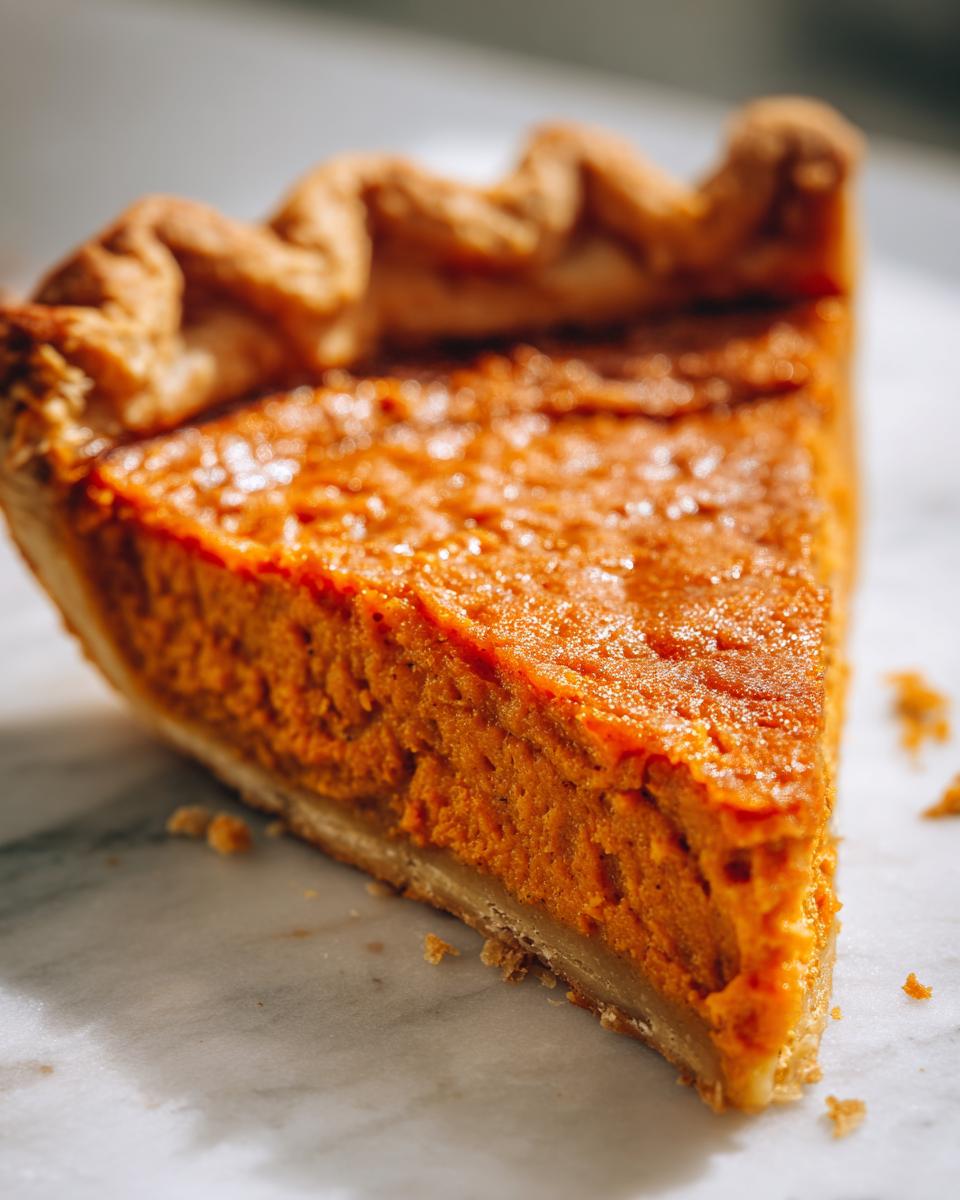 Close-up of a thick slice of bright orange sweet potato pie with a flaky crust edge.