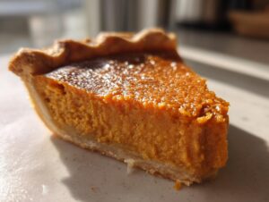 A close-up slice of rich, orange sweet potato pie showing its velvety texture and flaky crust, highlighted by sunlight.