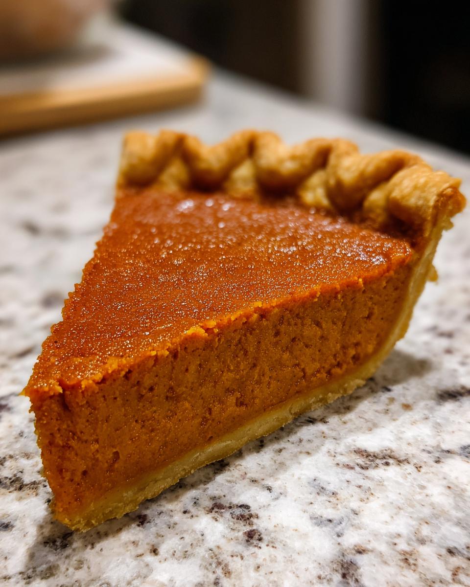 A close-up, angled shot of one perfect slice of sweet potato pie showing the smooth orange filling and crimped crust.