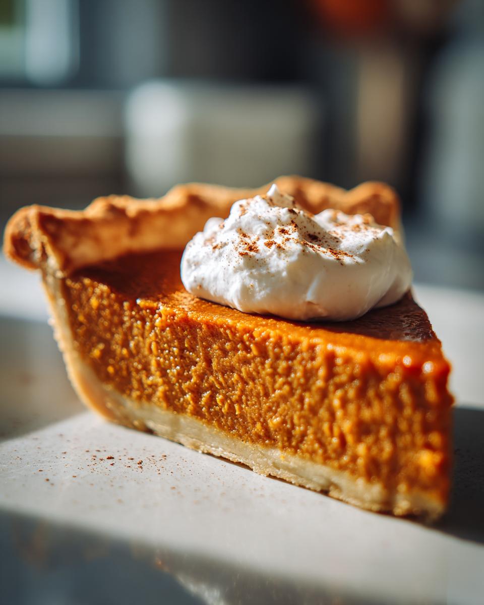 Close-up of a perfectly baked slice of sweet potato pie topped with whipped cream and cinnamon.