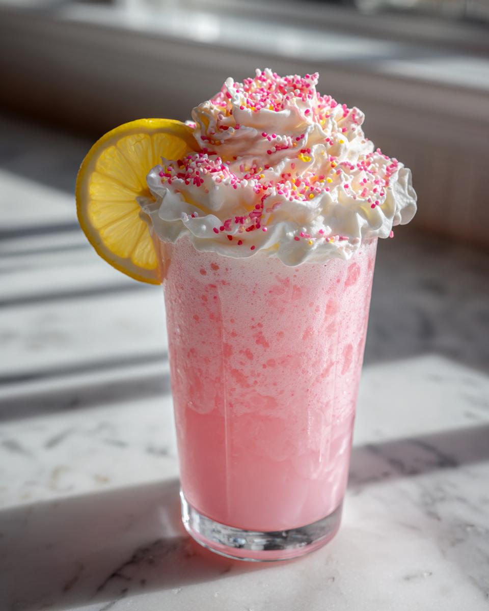 A tall glass of frothy pink lemonade topped with whipped cream, pink sprinkles, and a fresh lemon slice.
