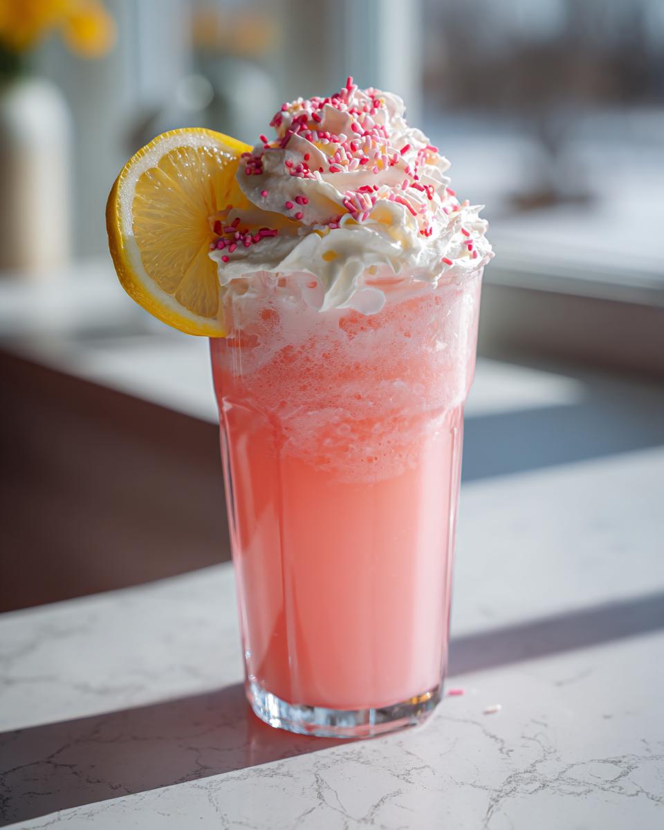 A tall glass of bright pink lemonade topped with whipped cream, pink sprinkles, and a fresh lemon slice.