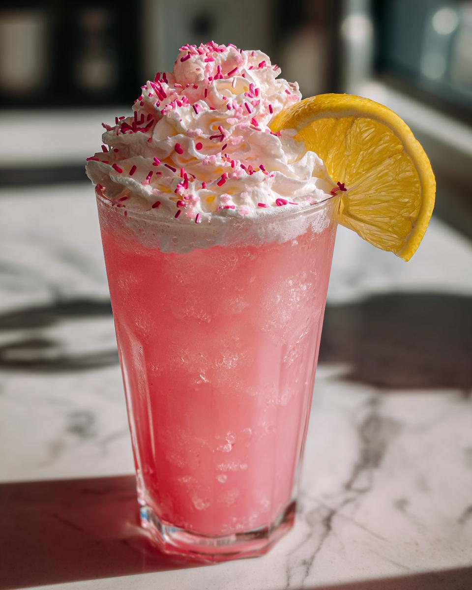 A tall glass of icy pink lemonade topped with whipped cream, pink sprinkles, and a lemon slice.