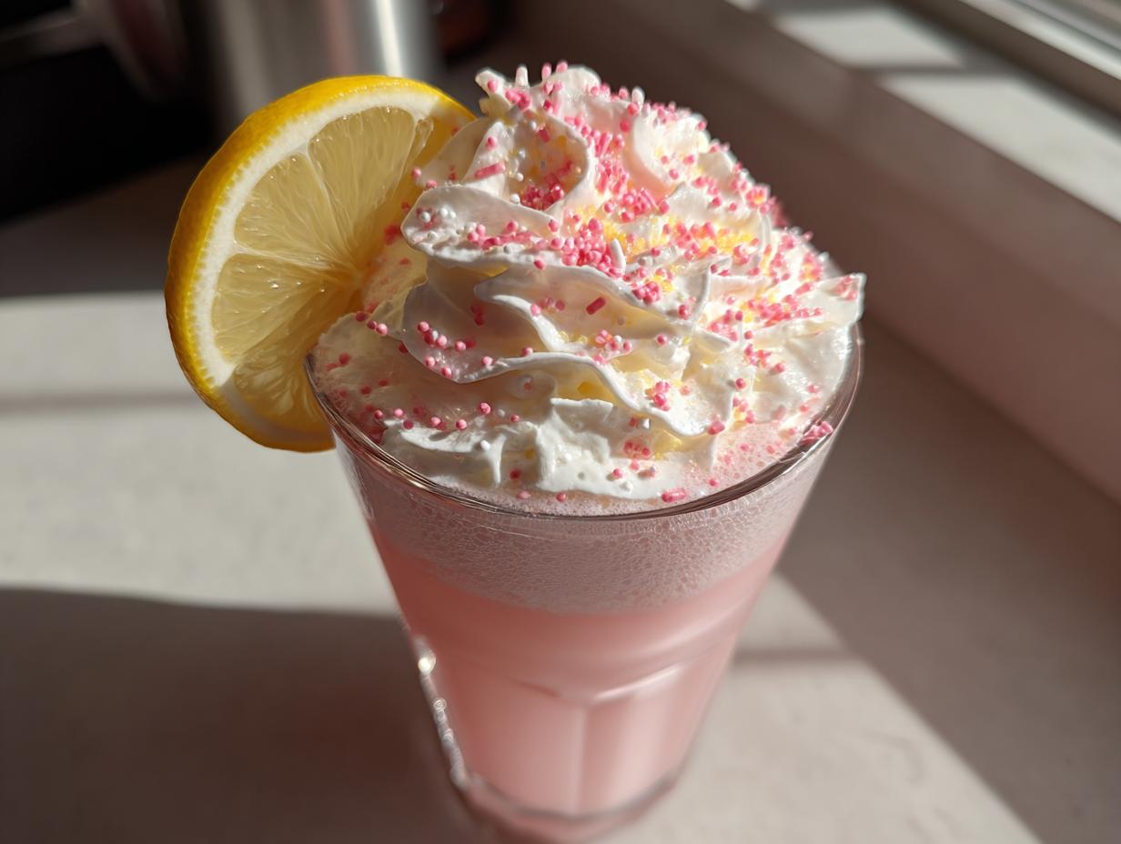 A tall glass of whipped pink lemonade topped with whipped cream, pink sprinkles, and a fresh lemon slice garnish.