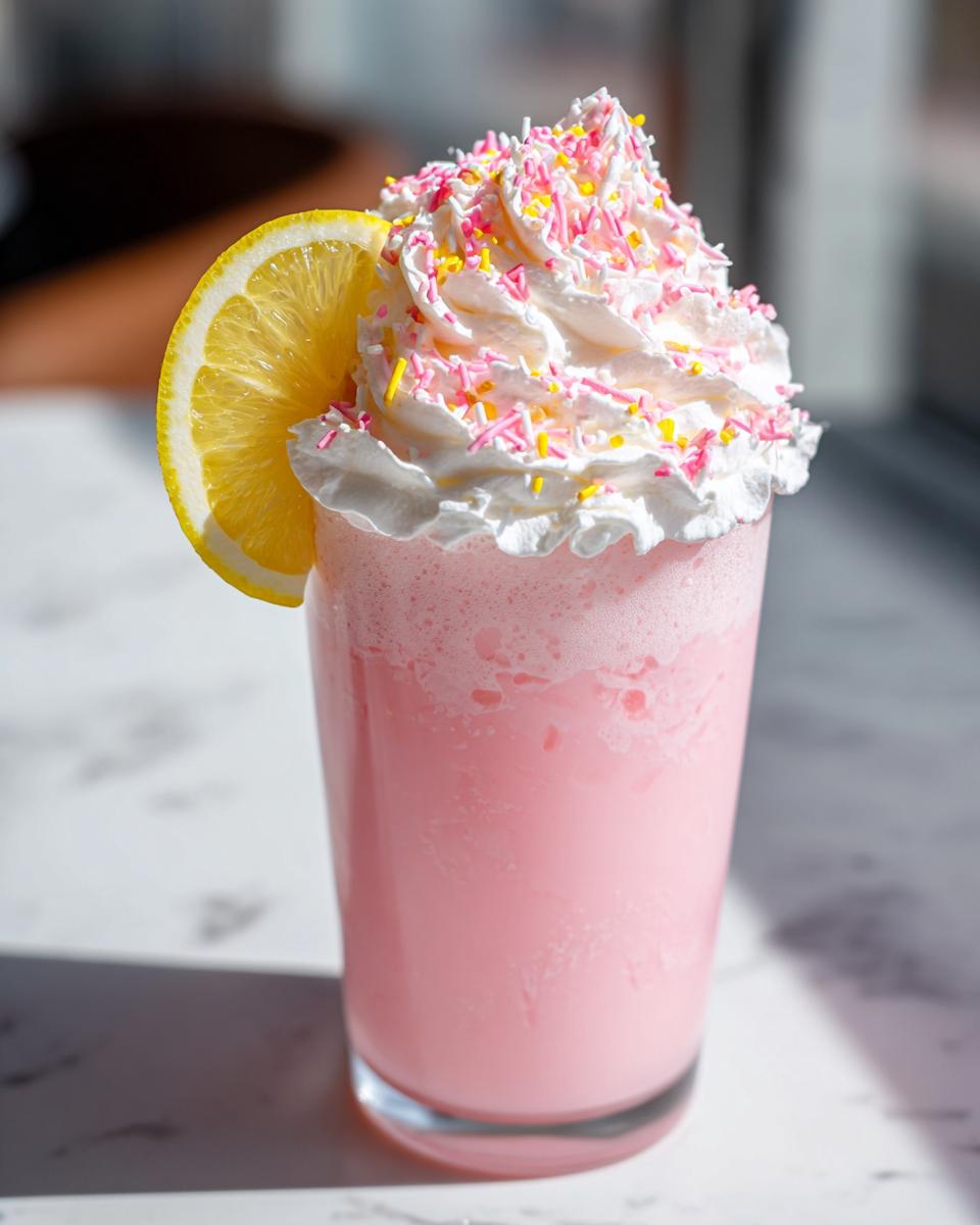 A tall glass of bright pink lemonade topped with whipped cream, colorful sprinkles, and a fresh lemon slice.