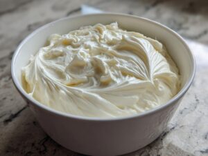 A white bowl filled with freshly mixed, creamy white royal icing recipe, showing soft peaks and swirls.