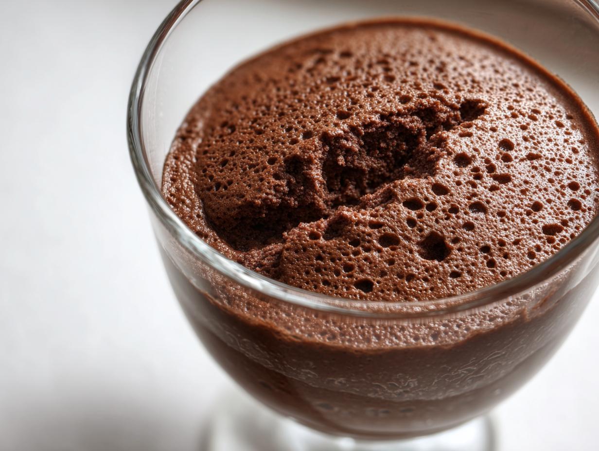 A close-up, top-down view of rich, airy chocolate mousse served in a clear glass dish.
