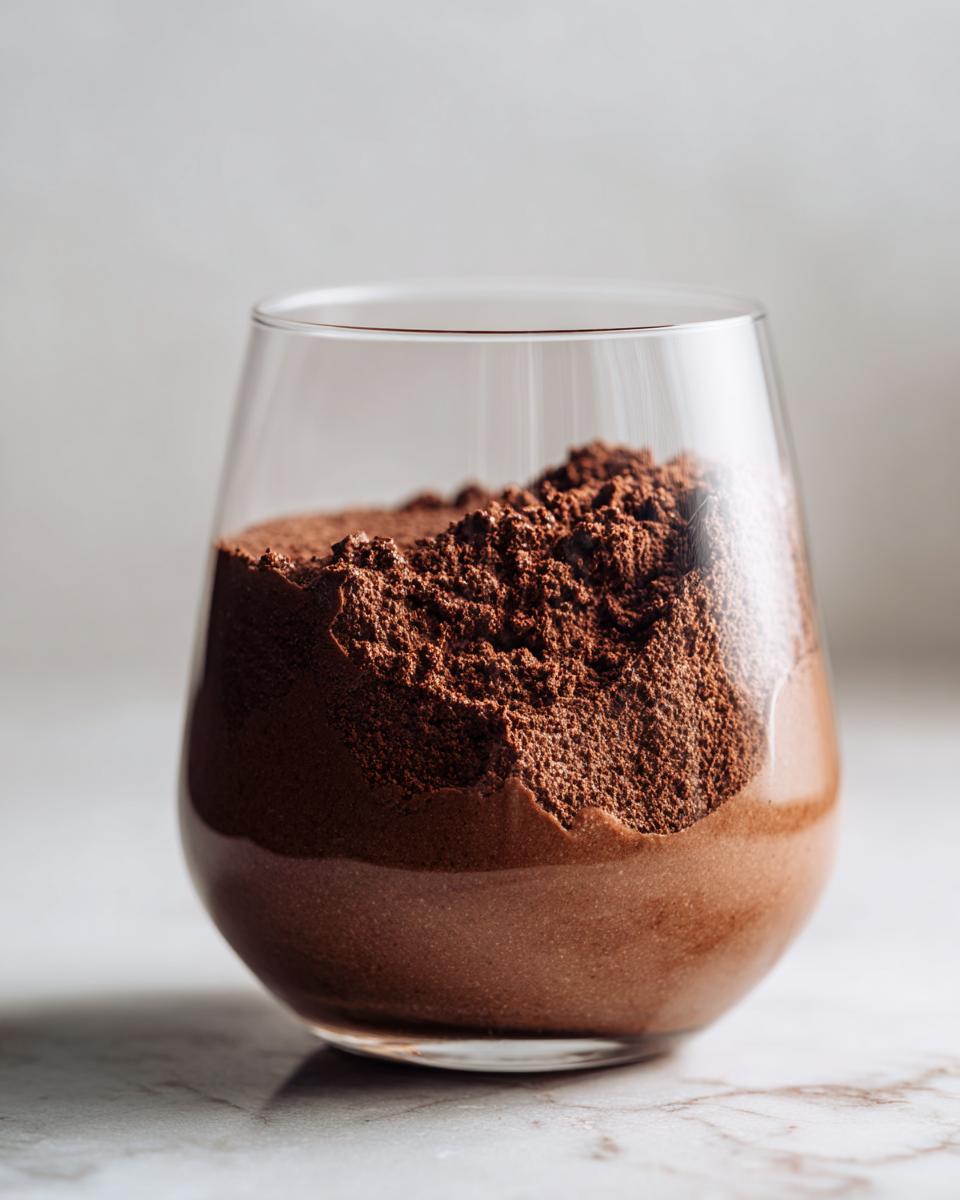 Close-up of rich chocolate mousse in a glass, topped with a mound of dark cocoa powder.