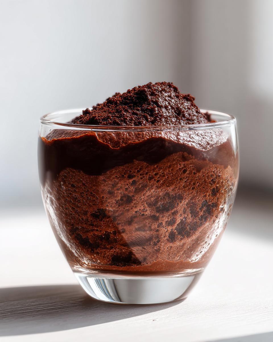 Close-up of airy, rich chocolate mousse served in a clear glass, topped with chocolate crumbs.