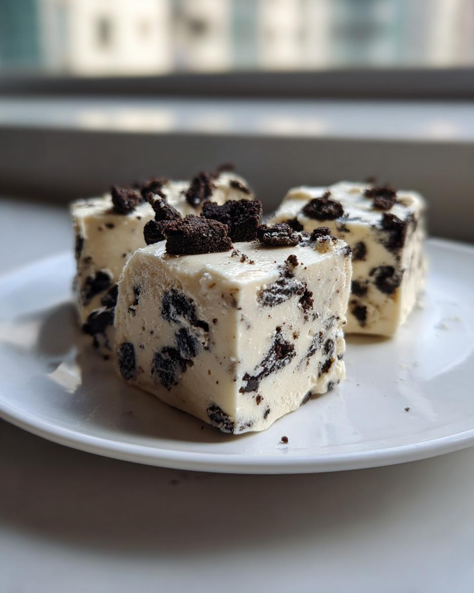 Three squares of creamy white Oreo fudge studded with dark chocolate cookie pieces, served on a white plate.