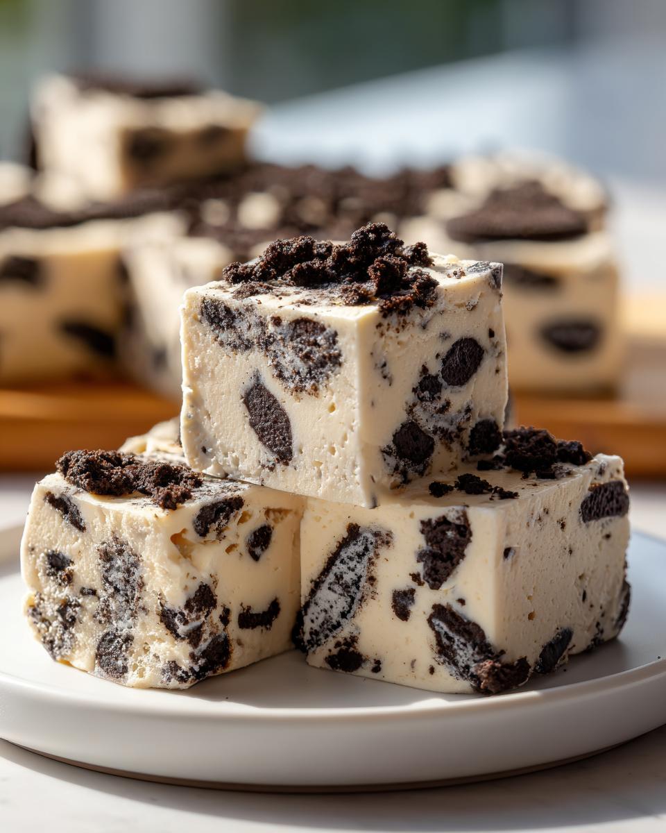 Three stacked squares of white Oreo fudge loaded with crushed chocolate cookies, ready to eat.