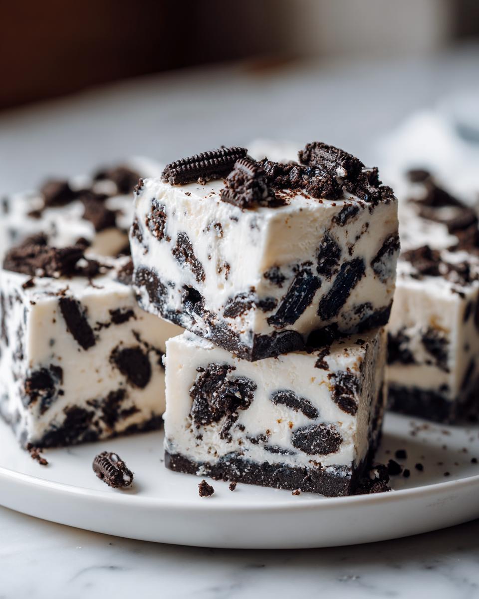 Two squares of creamy white Oreo fudge stacked on a white plate, loaded with crushed chocolate cookies.