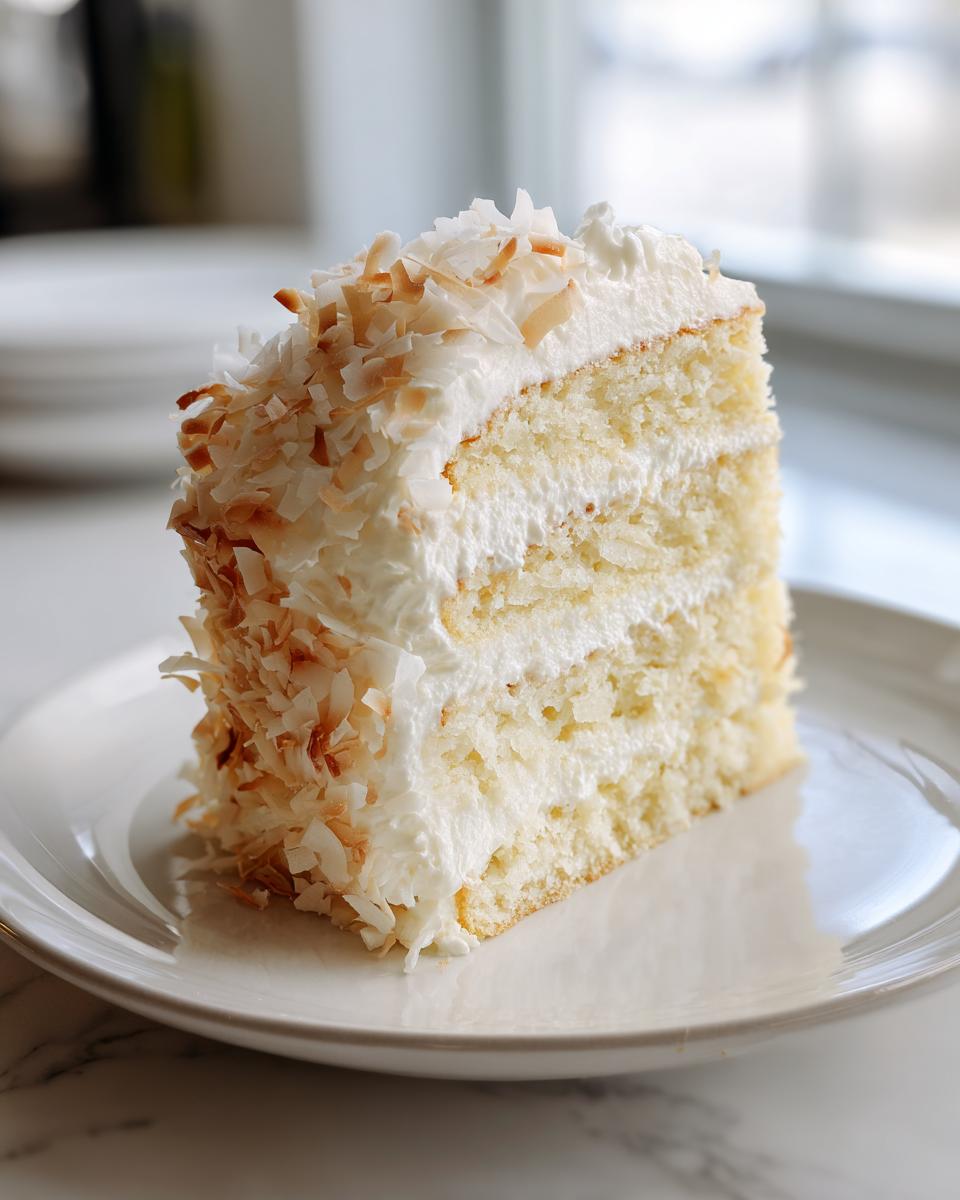 A generous slice of moist 3 layer coconut cake frosted with white icing and topped with toasted coconut flakes.