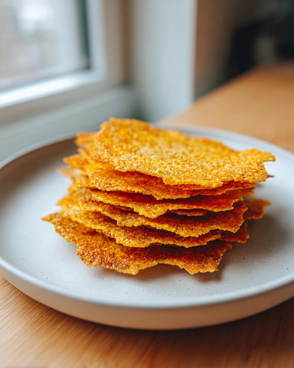 A stack of golden, crispy, homemade cheese crackers served on a light gray plate.