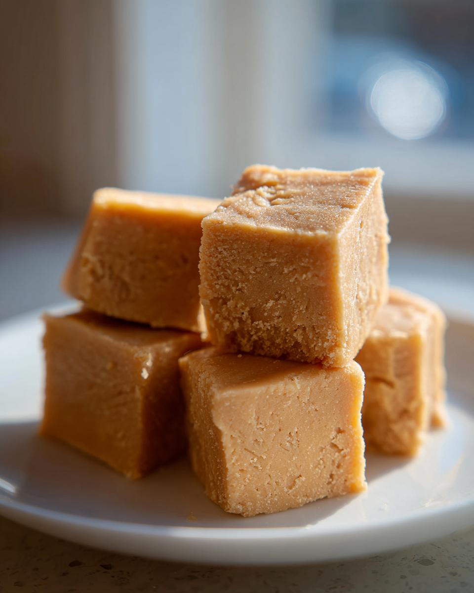 A stack of five creamy, light brown squares of 5-ingredient peanut butter fudge sitting on a white plate.