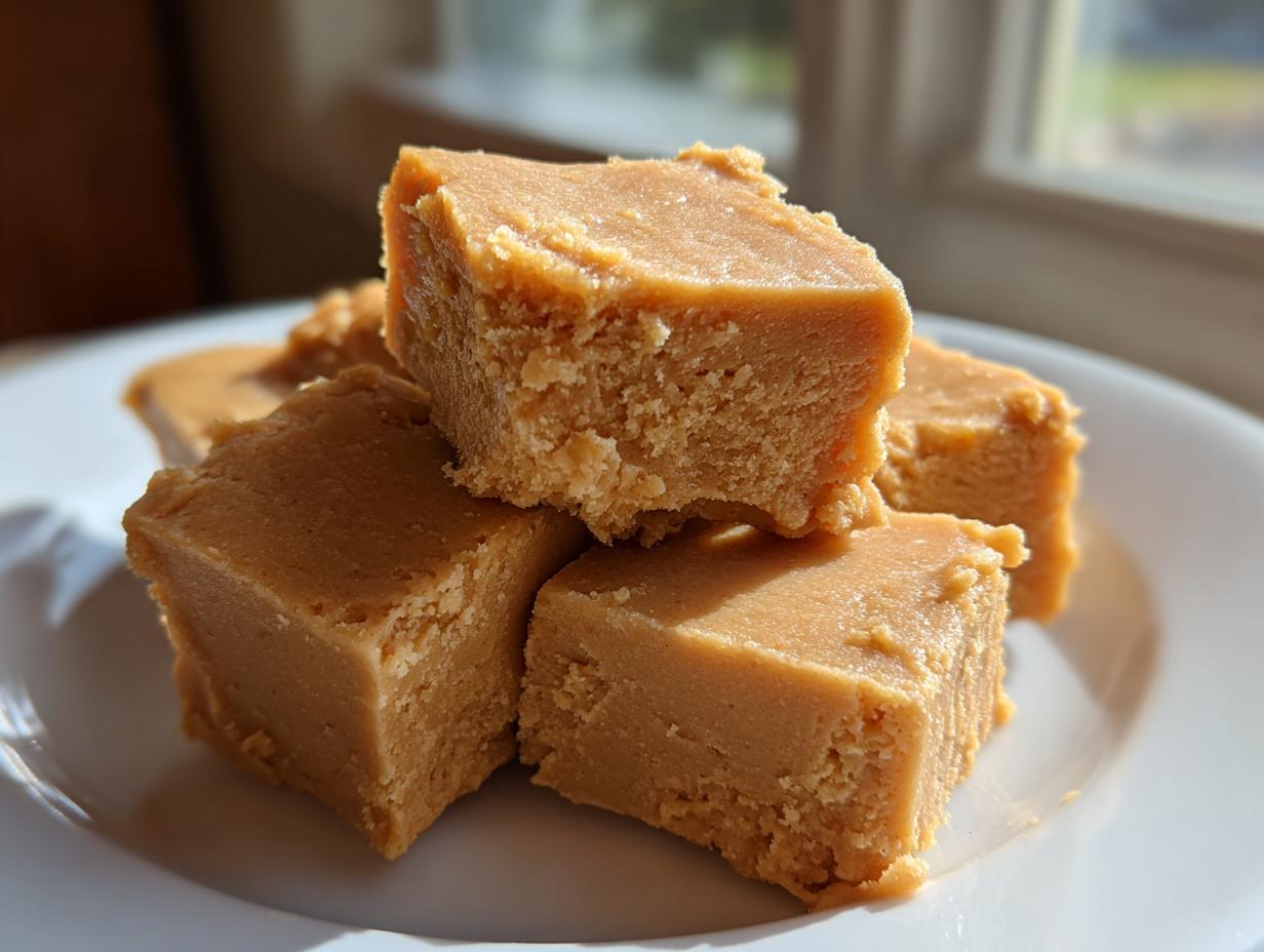 A stack of creamy, square pieces of homemade peanut butter fudge resting on a white plate.