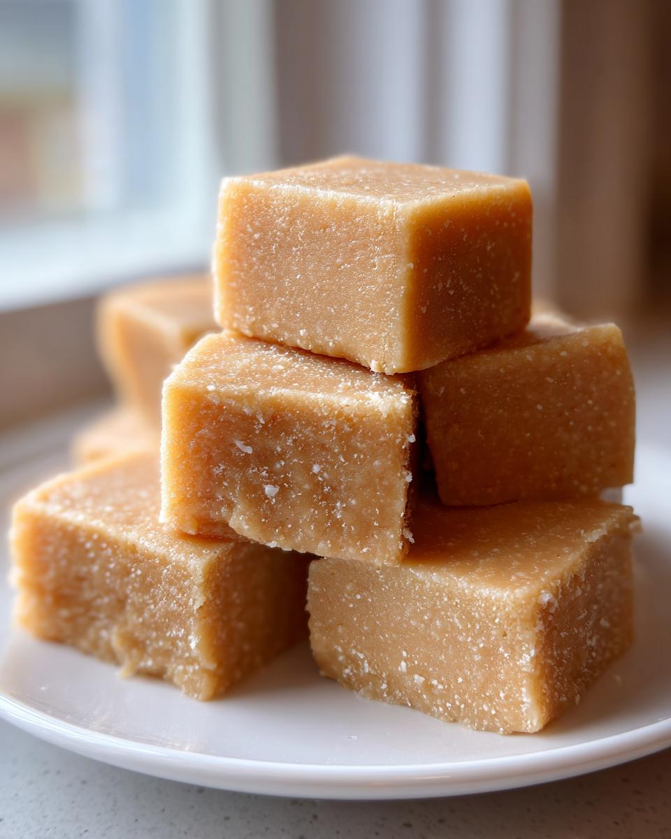 A stack of creamy, light brown peanut butter fudge squares dusted lightly with sugar on a white plate.