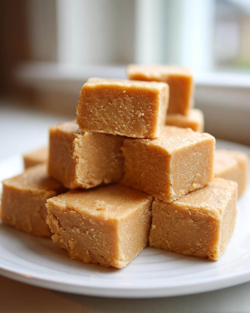 A tempting stack of homemade peanut butter fudge squares piled high on a white plate.
