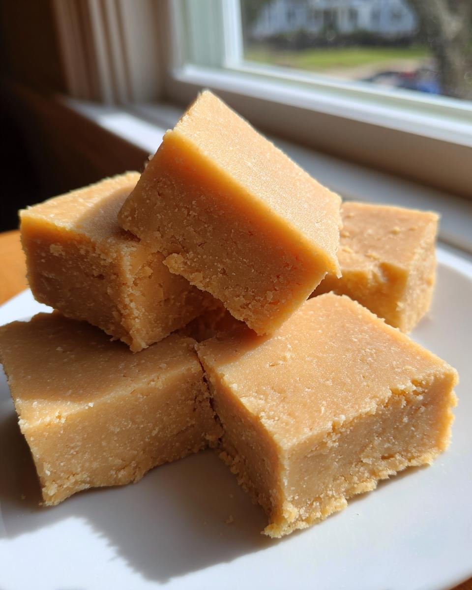 A stack of creamy, square-cut peanut butter fudge pieces sitting on a white plate near a window.