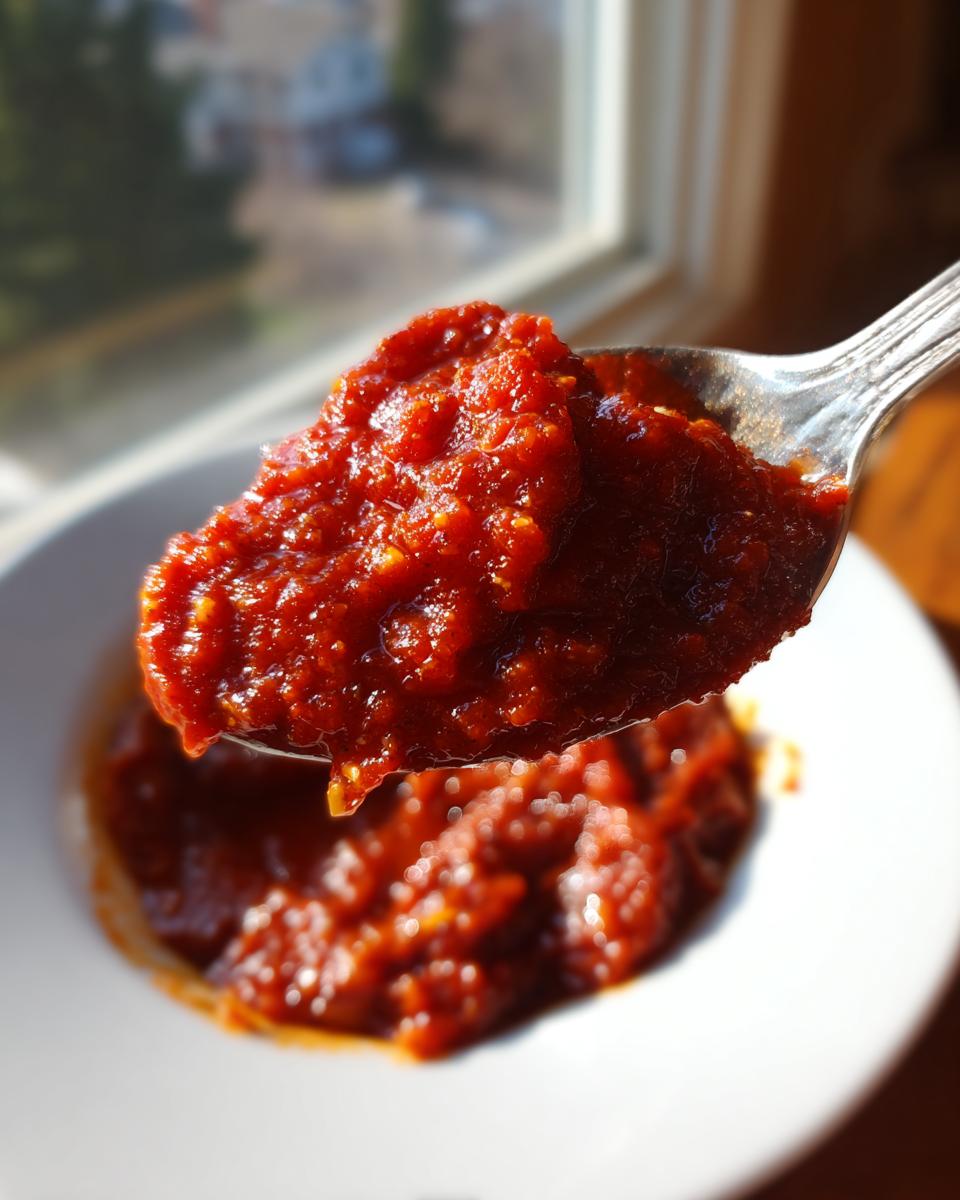 A spoonful of thick, rich red pizza sauce being lifted from a white bowl, showcasing its texture.