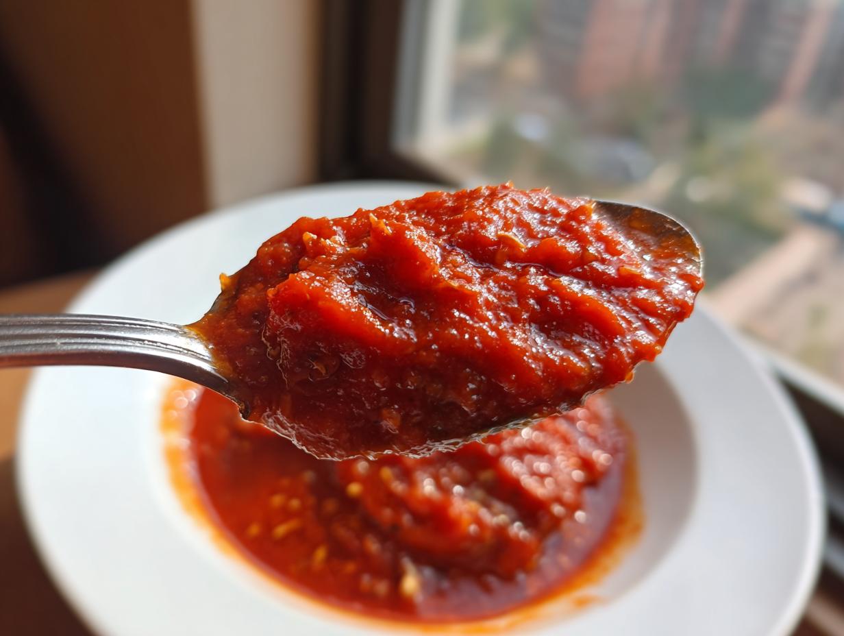 Close-up of a spoonful of thick, vibrant red 5 minute pizza sauce being lifted from a white bowl.