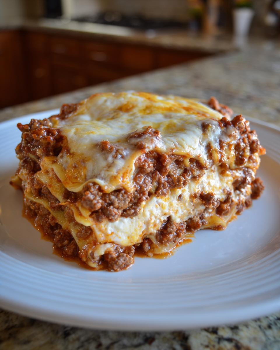 A rich, layered slice of amazing 1-dish lasagna topped with melted mozzarella cheese, served on a white plate.