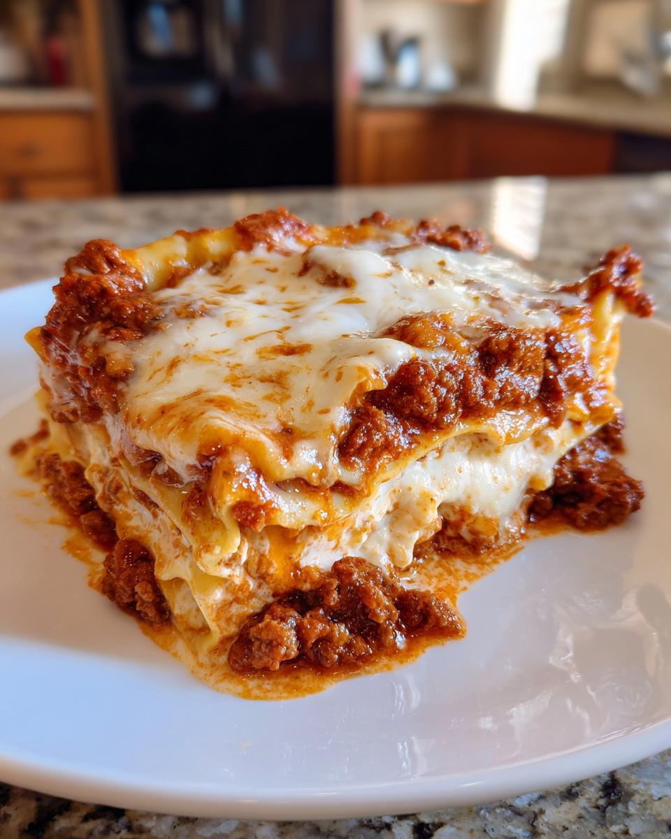 A close-up of a rich, cheesy slice of homemade lasagna with meat sauce on a white plate.