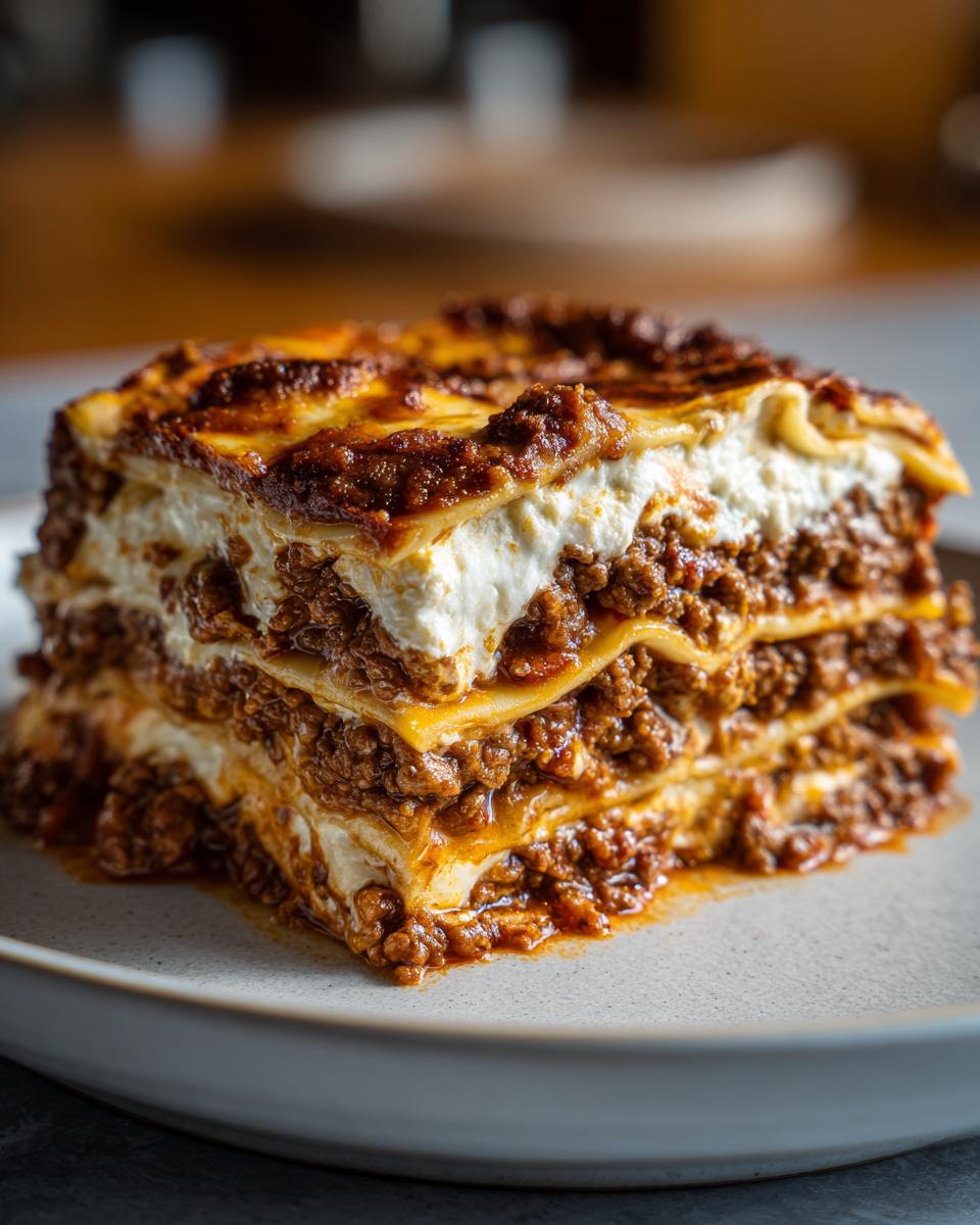 A thick, multi-layered slice of homemade lasagna featuring rich meat sauce and creamy white cheese.