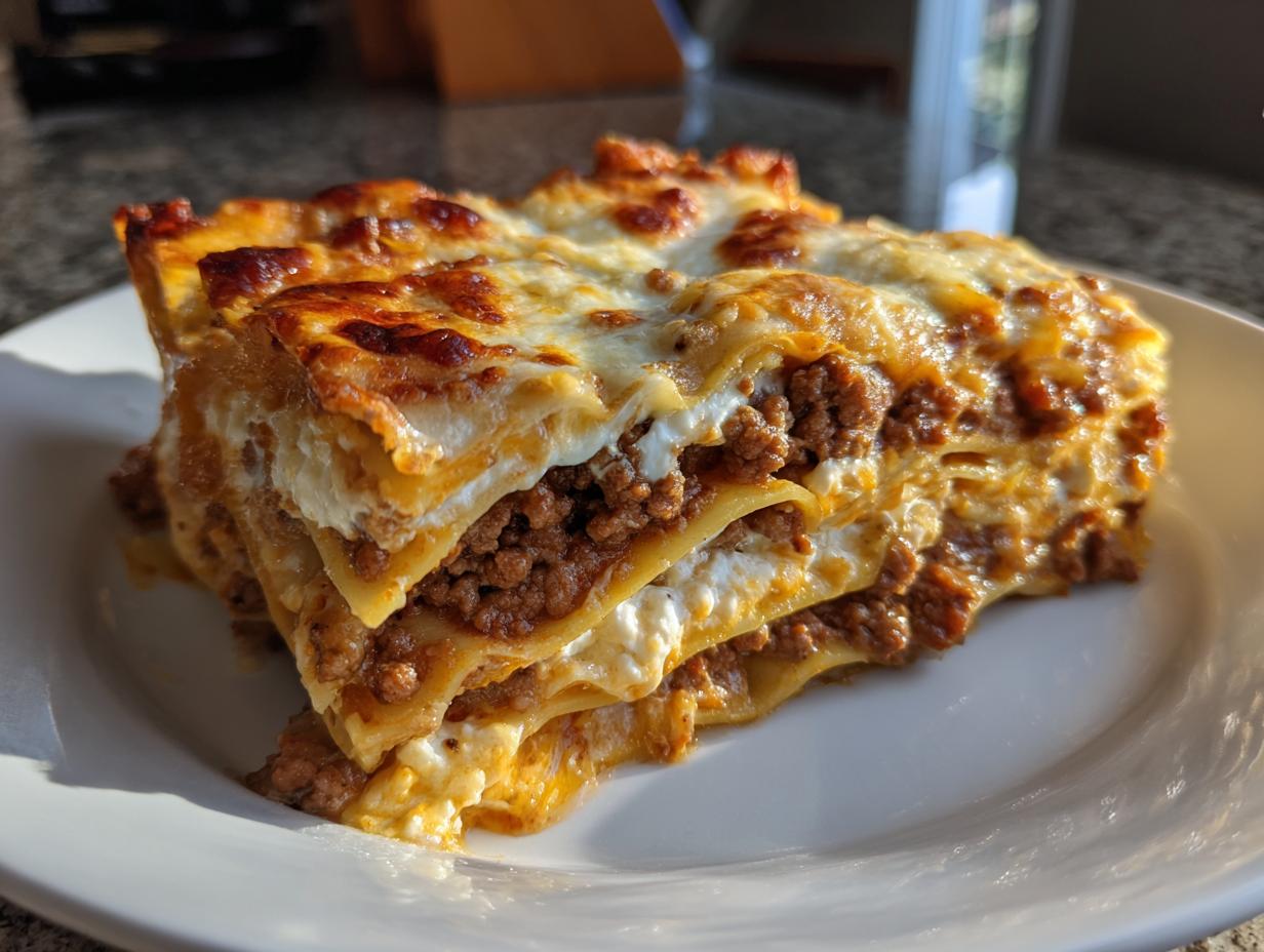 A thick, cheesy slice of amazing 1-dish lasagna with layers of pasta, meat sauce, and ricotta cheese.