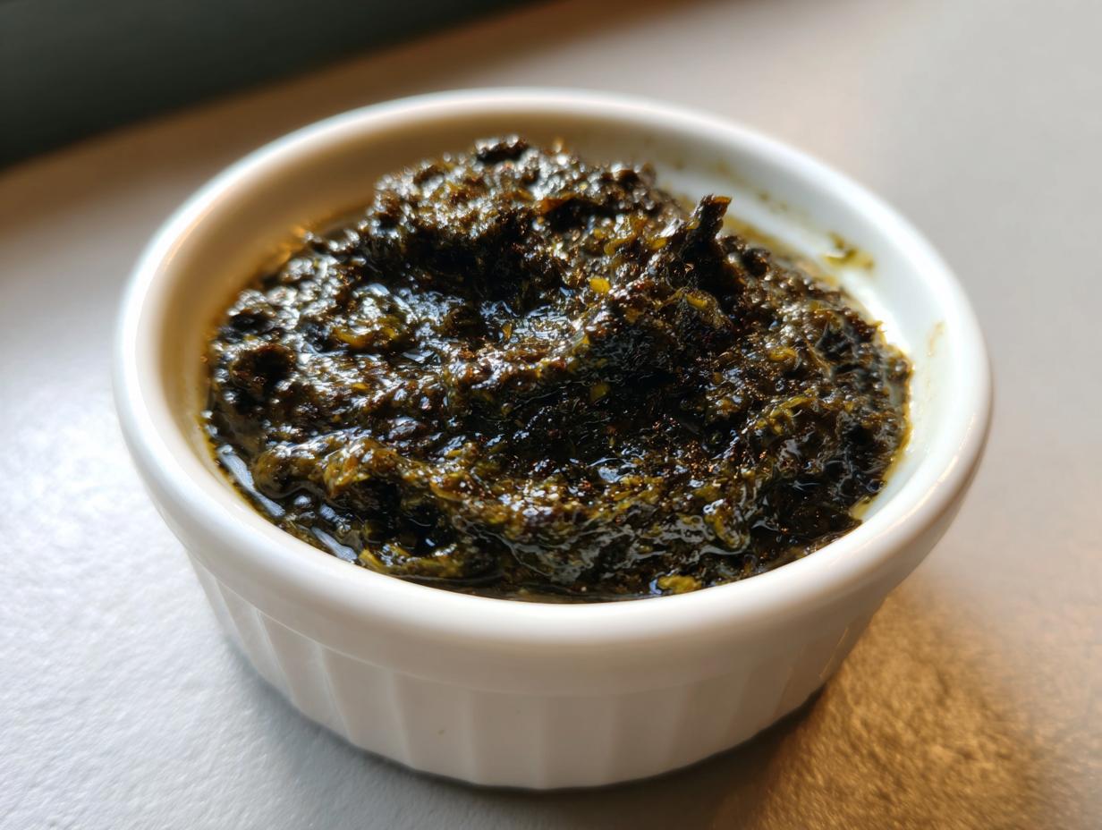 A close-up view of a rich, dark green olive dip texture in a small white ramekin.