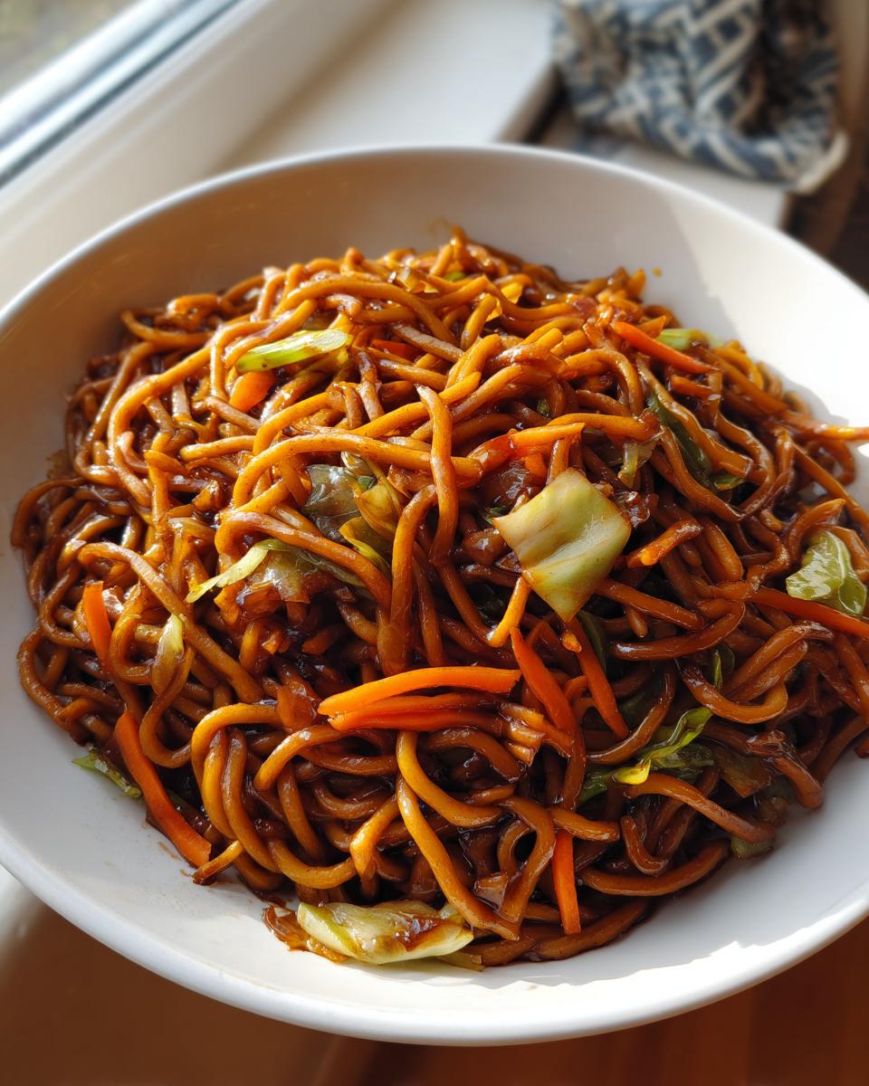 A close-up view of a white bowl filled with glossy, dark brown fried noodles mixed with shredded carrots and cabbage.